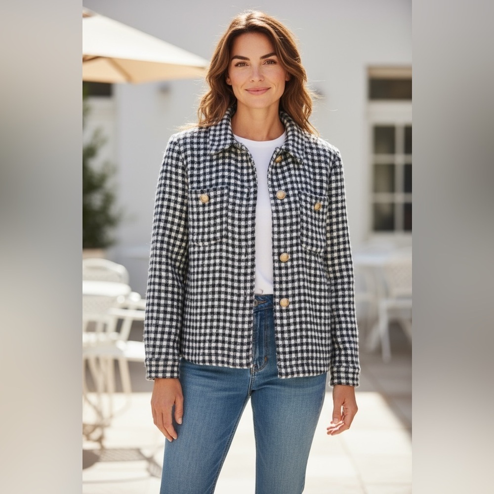 Max Studio Blue & White Checked Fuzzy Jacket with Gold Tone Buttons.  Size Large